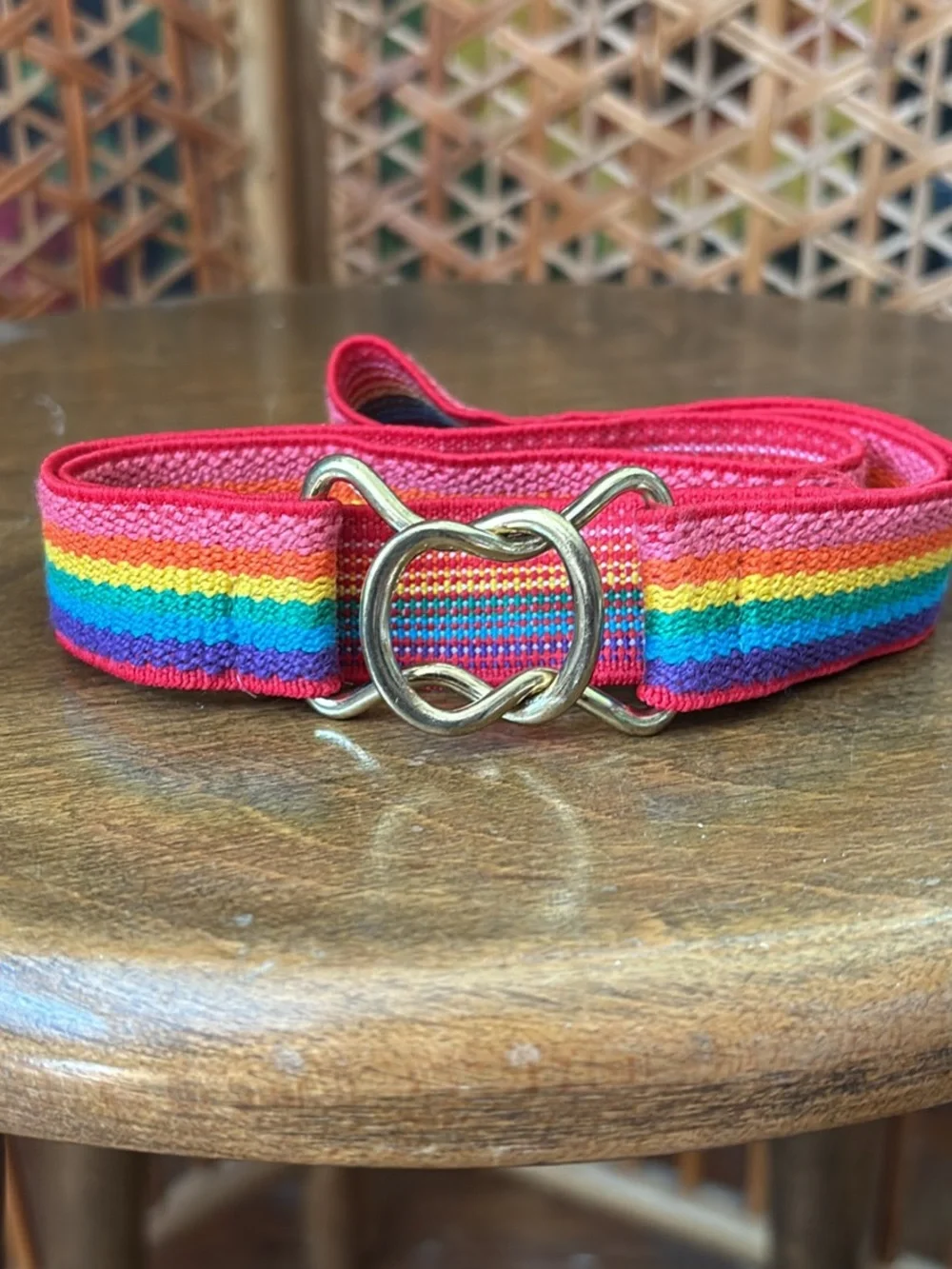 Red Rainbow Stripe Elastic Belt with Gold Interlocking Buckle
